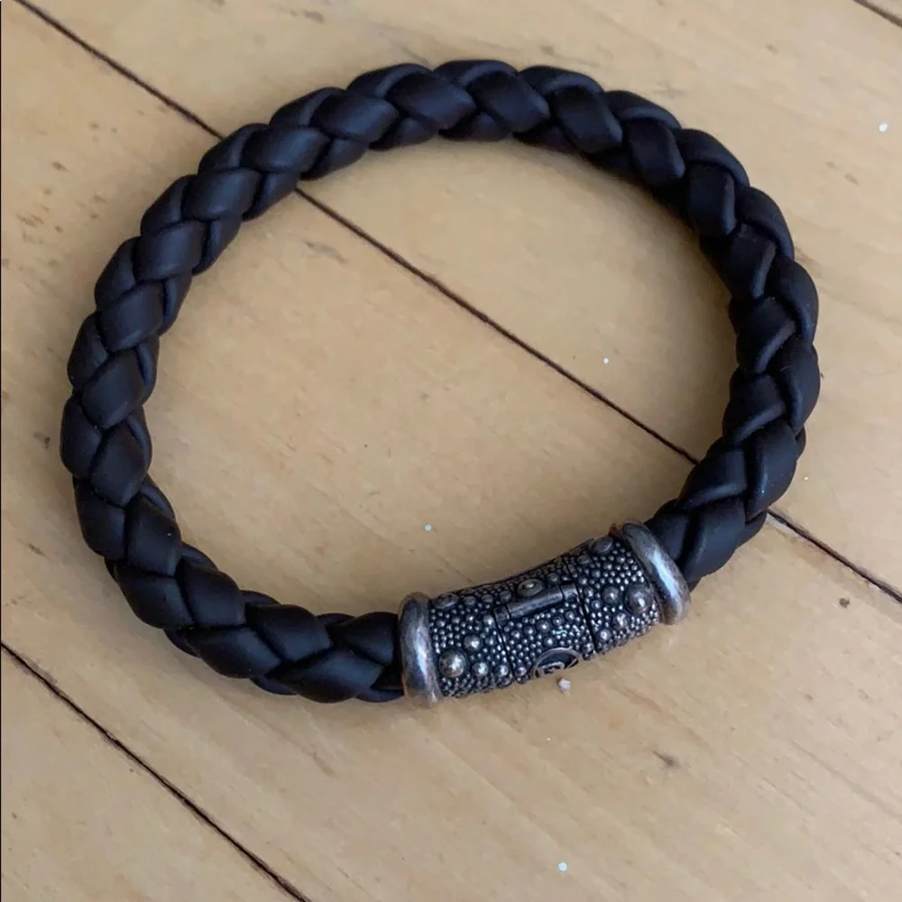 David Yurman Black Braided Leather Bracelet with Sterling Detail
